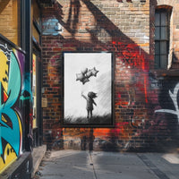 Monochrome Sketch Child Releasing Star Balloons Poster