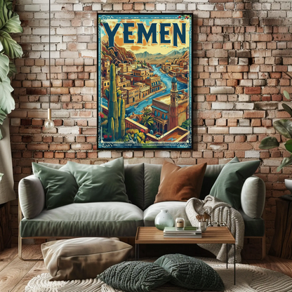 Yemen Traditional Architecture River Valley Travel Poster