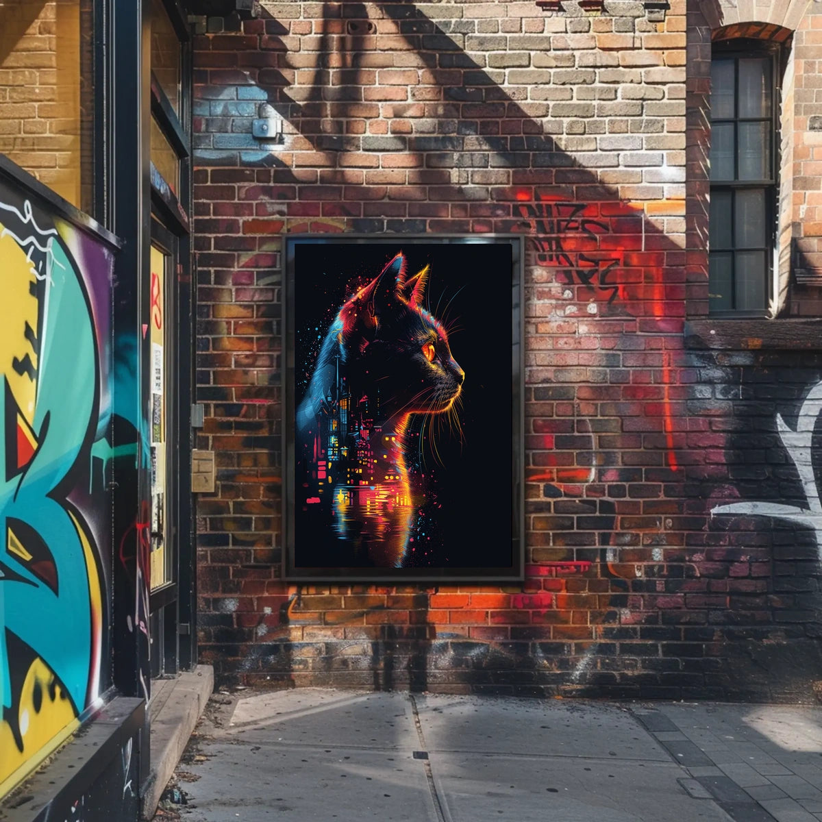 Neon Cat in Futuristic Cityscape Poster