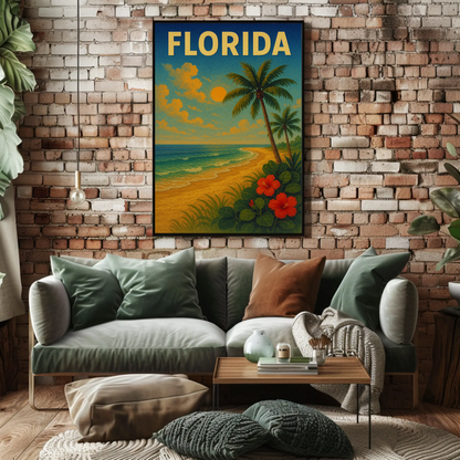Florida Beach Palm Trees Hibiscus Flowers Travel Poster