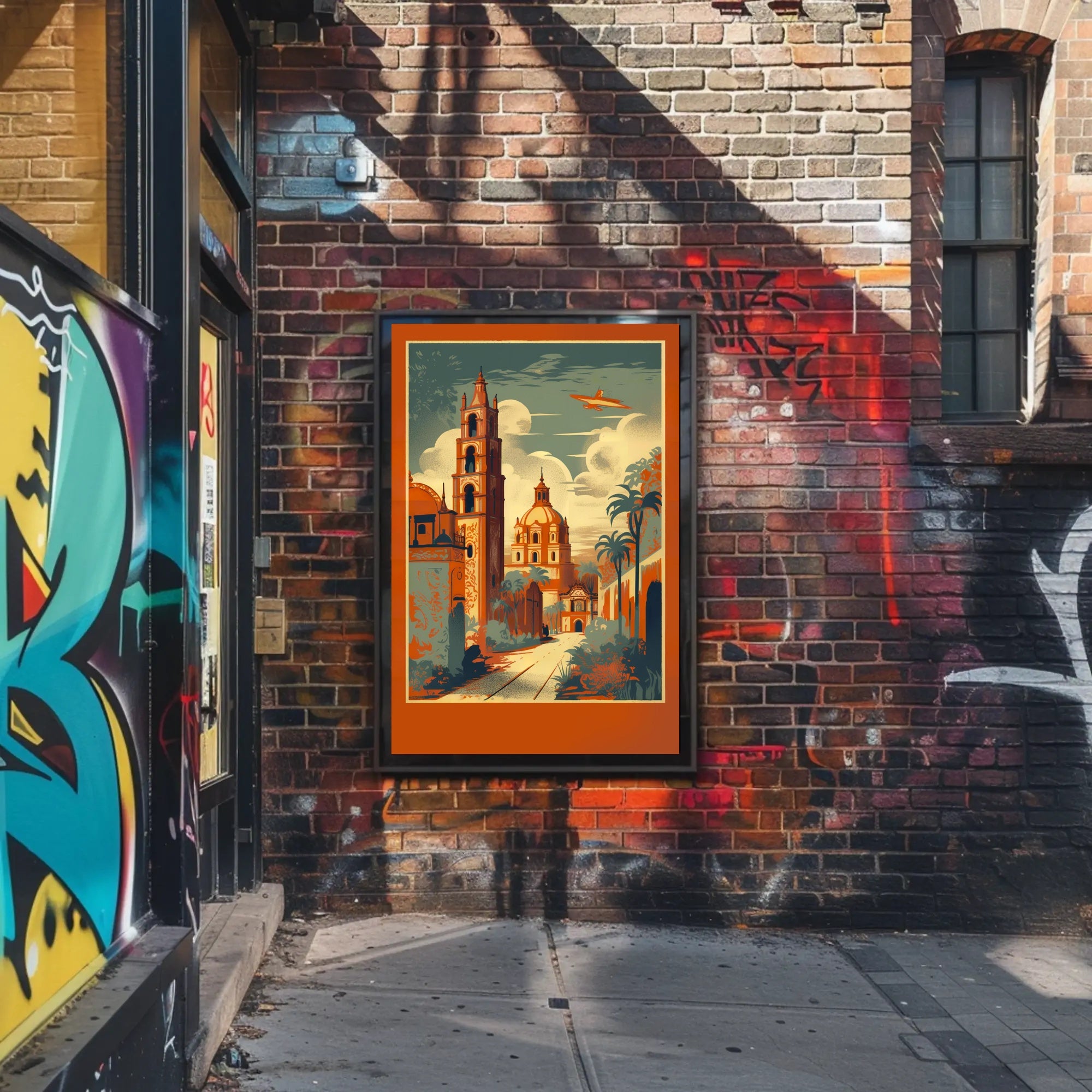 Vibrant Cityscape with Soaring Plane Poster