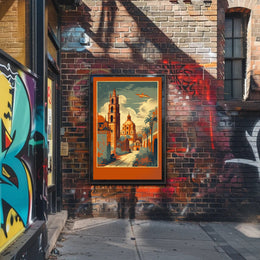 Vibrant Cityscape with Soaring Plane Poster