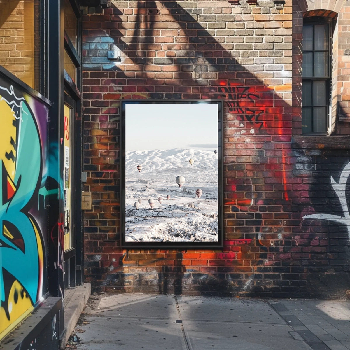 Serene Hot Air Balloons Over Snowy Landscape Travel Poster