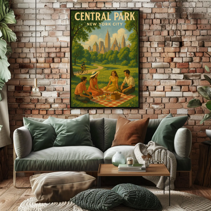 Central Park New York City Picnic Scene Vintage Poster