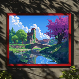 Serene Countryside Bridge and Cottage Art Poster