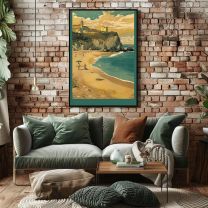 Beach Cliffs Town Above Coastline Portugal Travel Poster