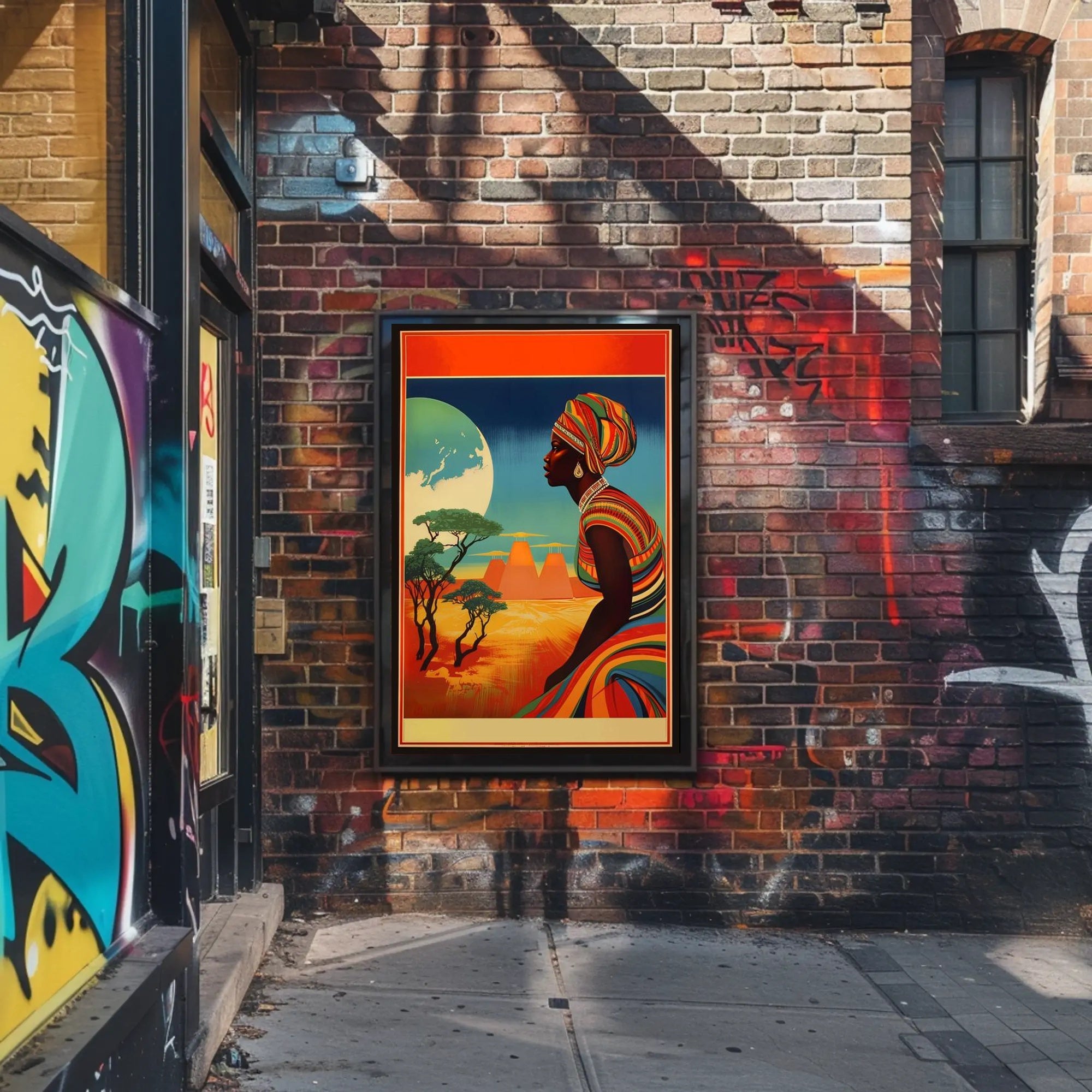 Radiant Earth: Woman in Traditional Attire with Moonlit Landscape Poster