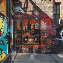 Mobile Alabama Vintage Cityscape Retro Eighties Art Deco Travel Architecture Heritage Inspired Gulf Coast Poster