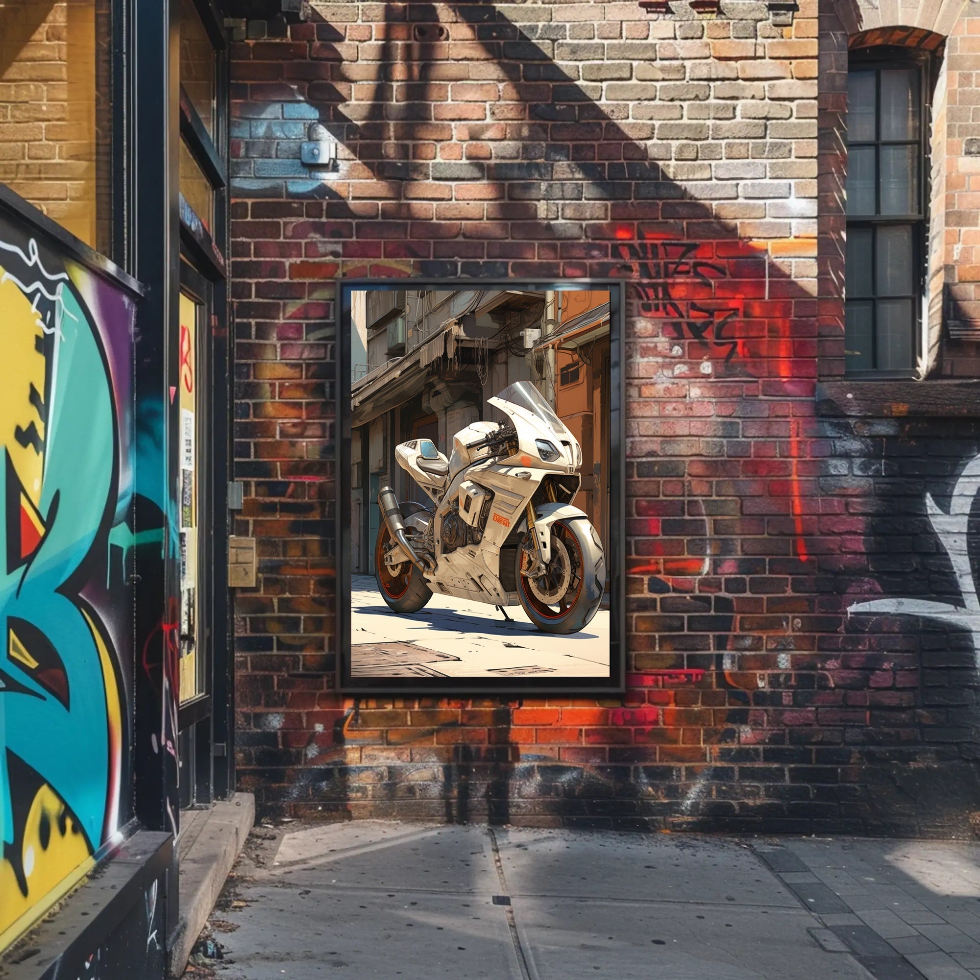 Futuristic Motorcycle In Urban Alley Poster PosterGoat