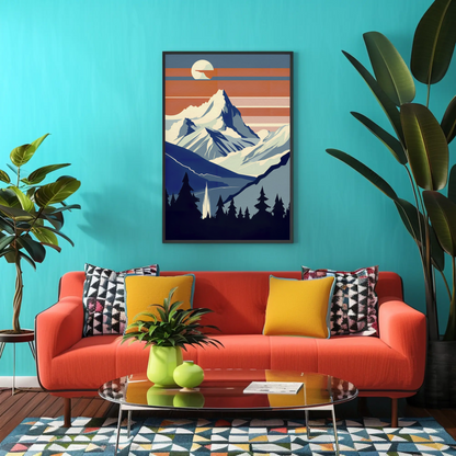 Sunset Snow Mountain View Silhouette Vintage Travel Poster