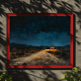 Desert Night Solitude: Tranquil Cabin Art Poster
