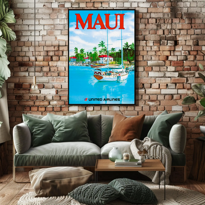 Maui Hawaii Harbor Sailboats Airlines Travel Poster