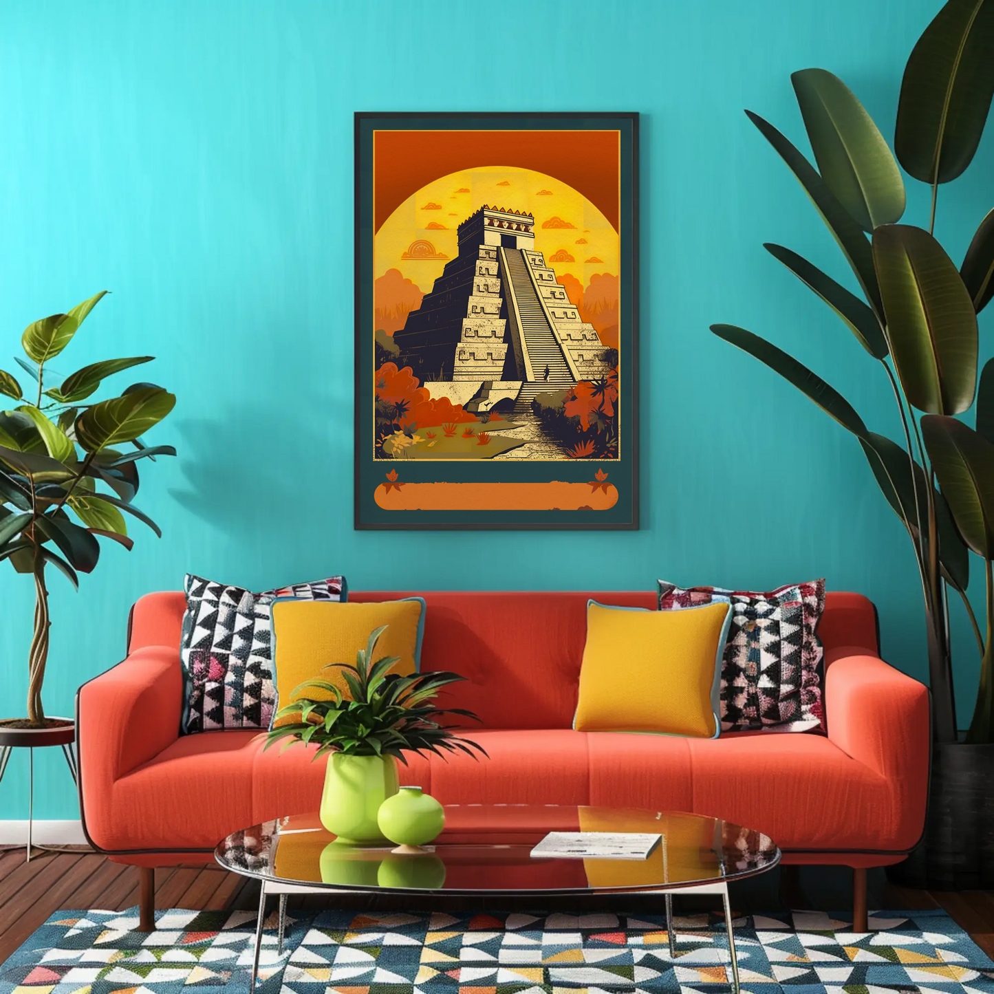 Mexico Chichen Itza Pyramid Sunset Vintage Travel Poster