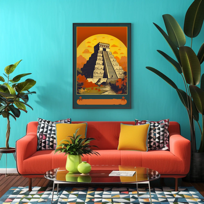 Mexico Chichen Itza Pyramid Sunset Vintage Travel Poster