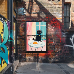 Black Cat Breakfast Poster Charming Morning Wall Art
