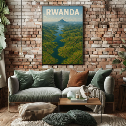 Rwanda Volcano Valley River Aerial Travel Poster