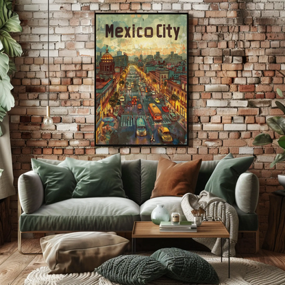 Mexico City Urban Nightlife Lanterns Travel Poster