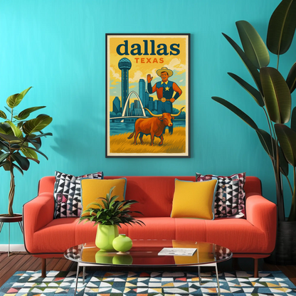 Dallas Cowboy Longhorn Skyline Bridge Sphere Vintage Travel Poster Wall Art