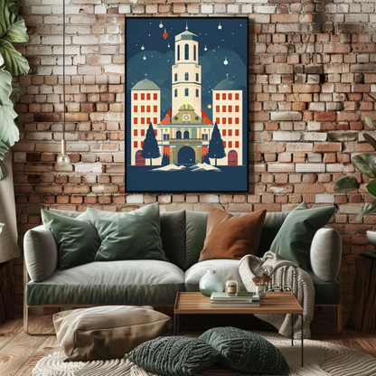 Winter Town Hall Scene With Stars Travel Poster