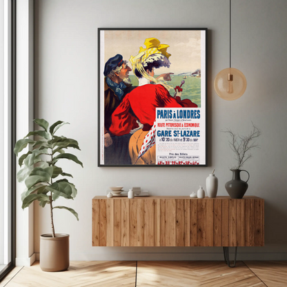 Paris To London Seaside View Couple Vintage Travel Poster