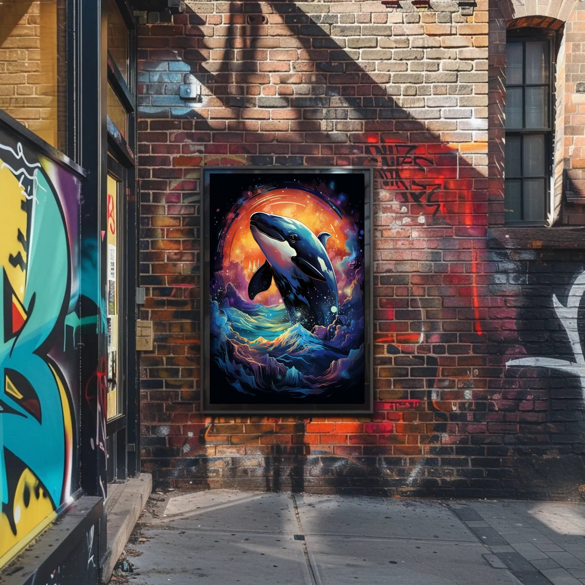 Whale in Cosmic Waves: Surreal Art Poster