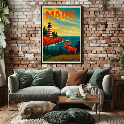Maine Lighthouse Moose Forest Coastal View Poster