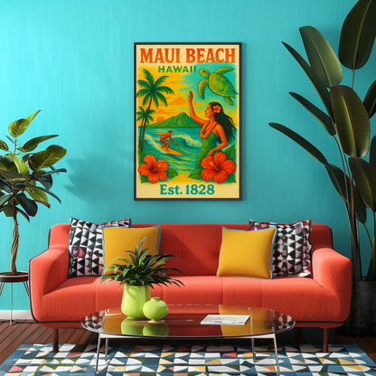 Maui Beach Hawaii Surf Dancer Est 1828 Vintage Travel Poster