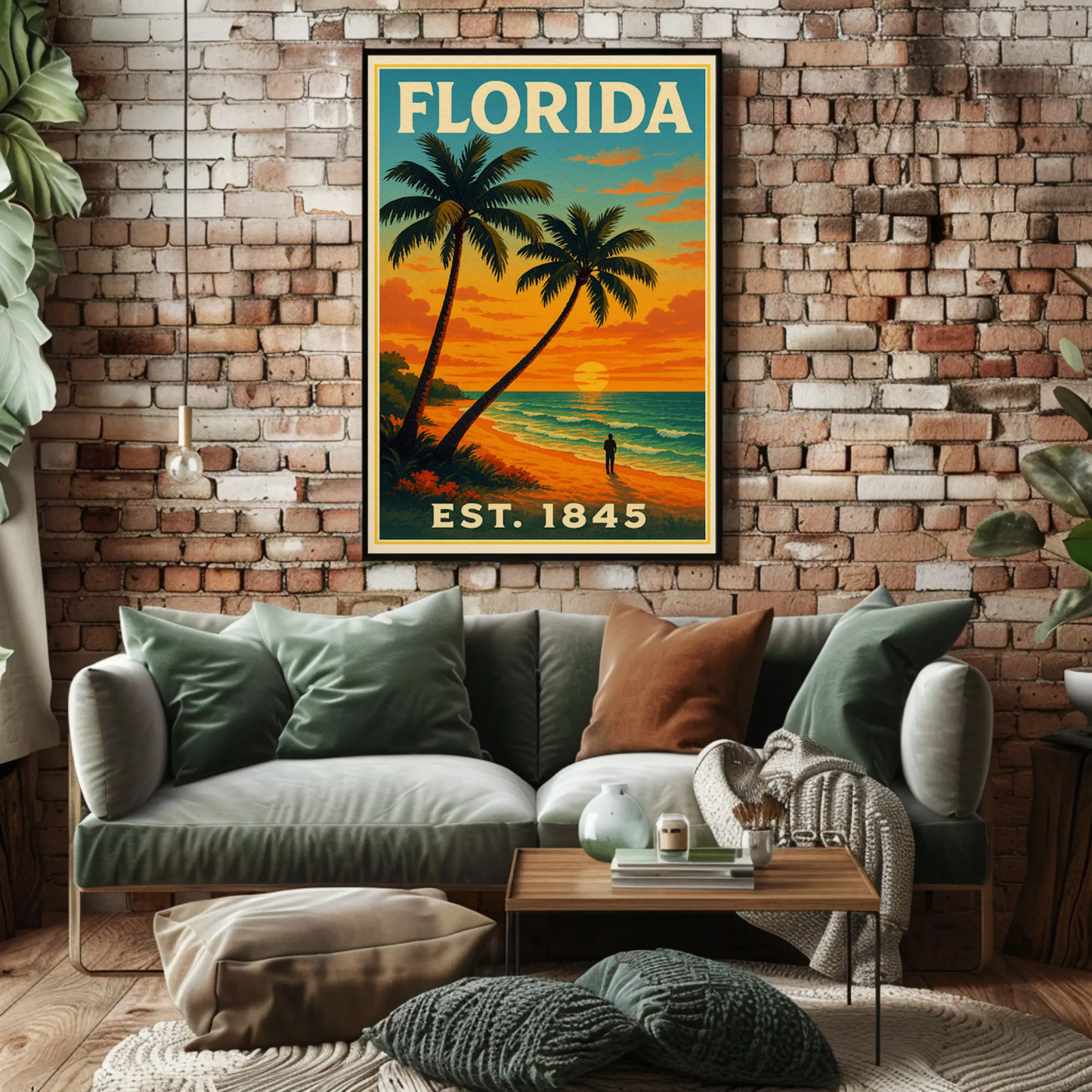 Florida Sunset Beach Walk Palms Horizon Travel Poster