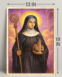 Saintly Figure with Church Model Poster PosterGoat