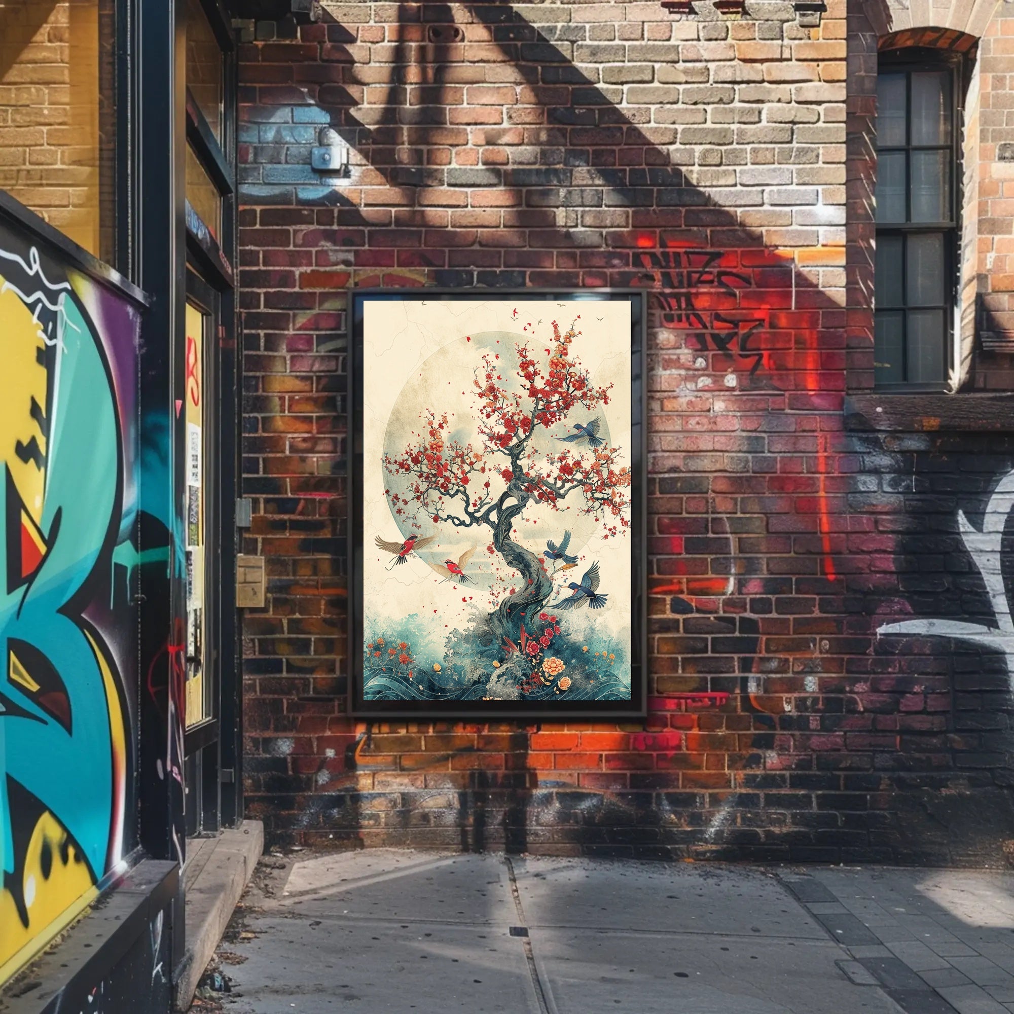 Cherry Blossom Harmony: Birds in Tranquil Flight PosterGoat