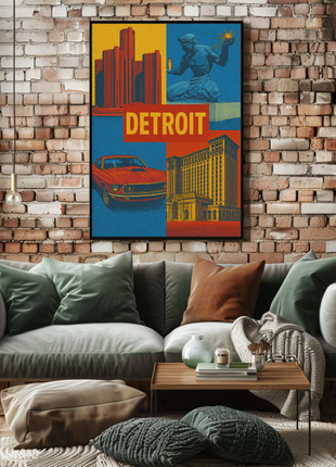 Detroit Landmarks and Muscle Car Cultural Heritage Poster