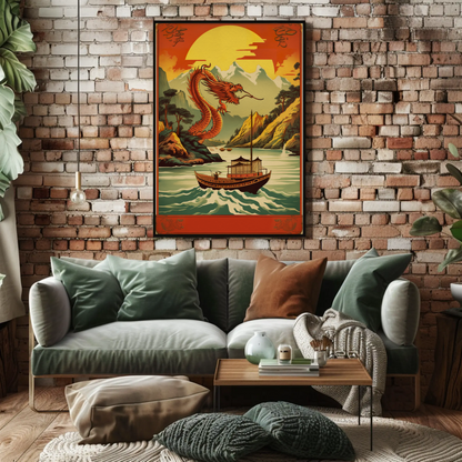 China Dragon River Boat Mountain Sunset Travel Poster