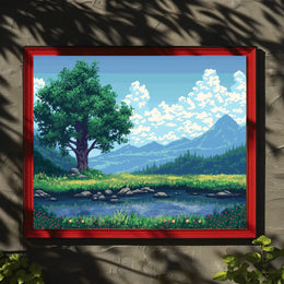 Serene Pixel Art Meadow with Tree and Pond