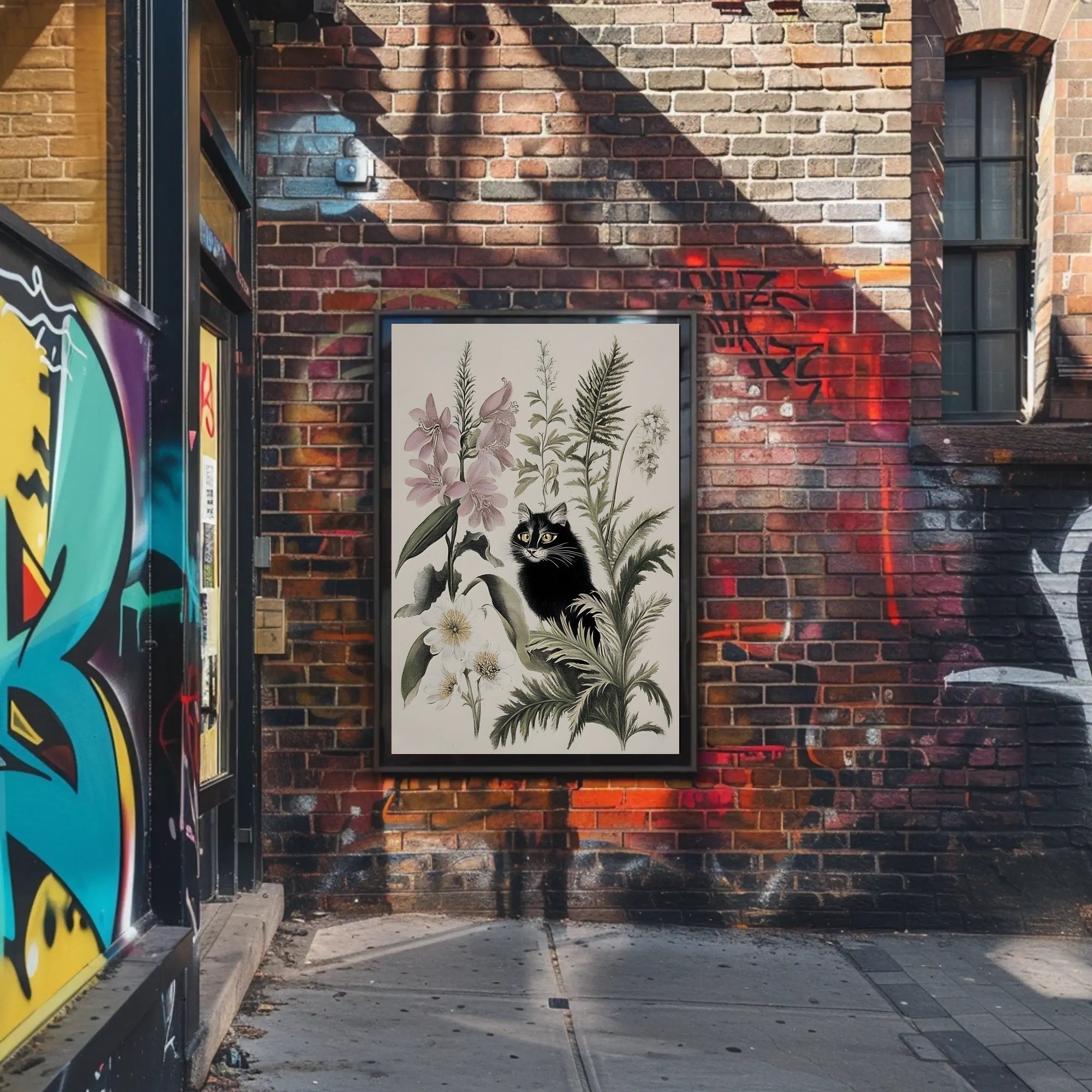 Black Cat with Wildflowers: Animal Poster PosterGoat
