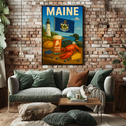 Maine Lobster Lighthouse Blueberry Beer Nature Travel Poster