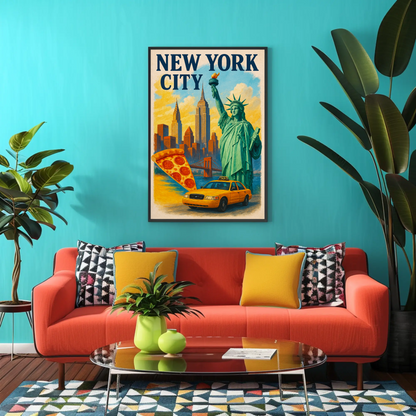 New York City Pizza Taxi Skyline Vintage Travel Poster