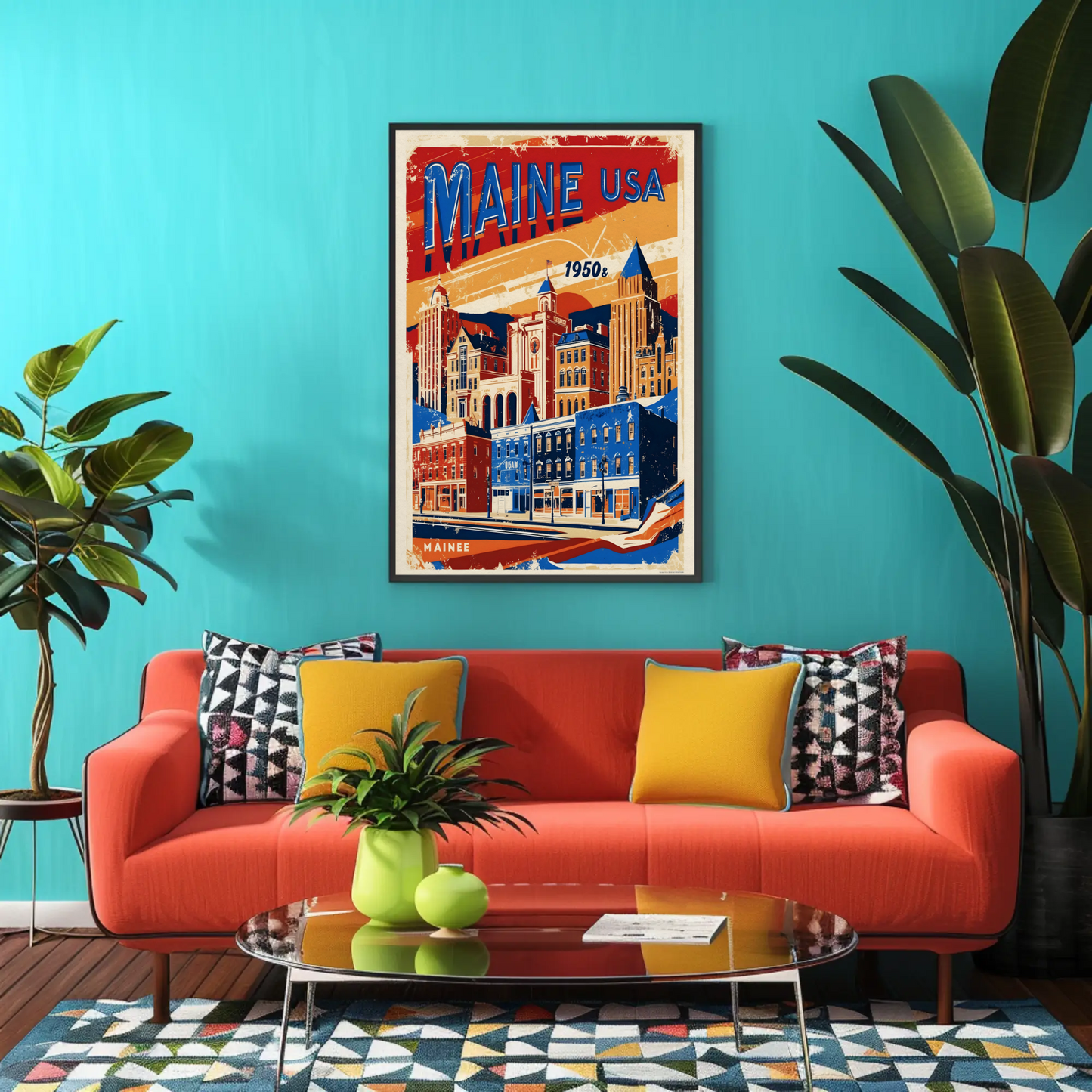Maine USA 1950s Seaside Townscape Vintage Maroon Travel Poster