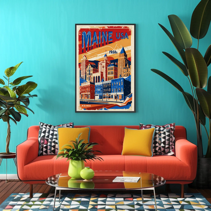 Maine USA 1950s Seaside Townscape Vintage Maroon Travel Poster