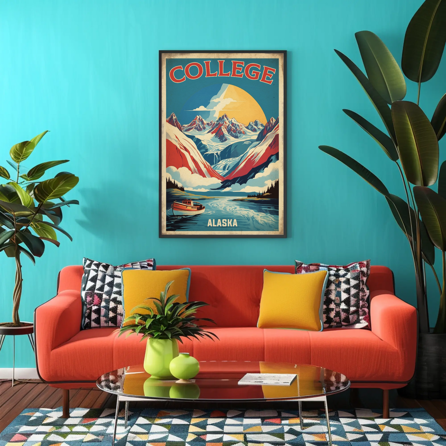 College Alaska Glacier Boat Mountains Sunset Vintage Travel Poster