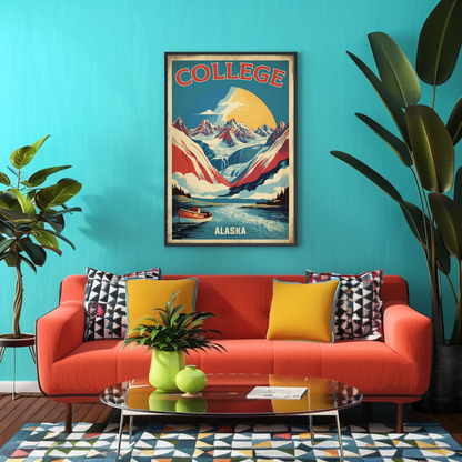 College Alaska Glacier Boat Mountains Sunset Vintage Travel Poster