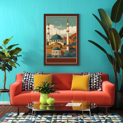 Turkey Mosque Minarets Hillside Sunset Vintage Travel Poster