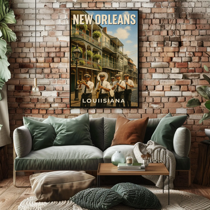 New Orleans Louisiana Jazz Band Balcony Buildings Travel Poster