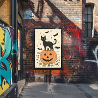 Halloween-Themed Black Cat Carved Pumpkin Bats Stars Poster