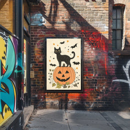 Halloween-Themed Black Cat Carved Pumpkin Bats Stars Poster