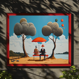 Whimsical Outdoor Scene with Suited Figures - Artistic Poster