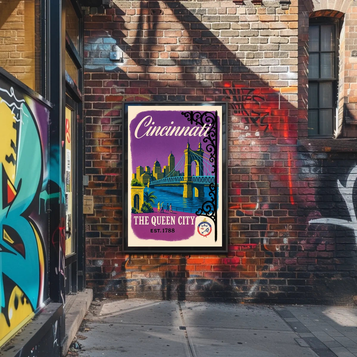 Cincinnati The Queen City Vintage Illustration Bridge Poster