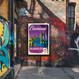 Cincinnati The Queen City Vintage Illustration Bridge Poster