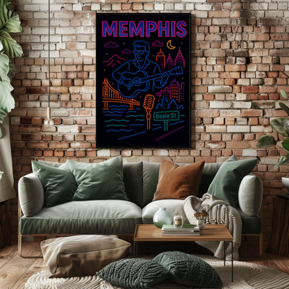 Memphis Beale Street Music Neon Line Art Poster