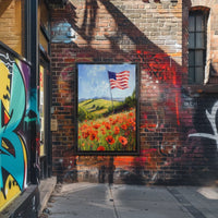 peaceful field of poppies with one large American flag Poster