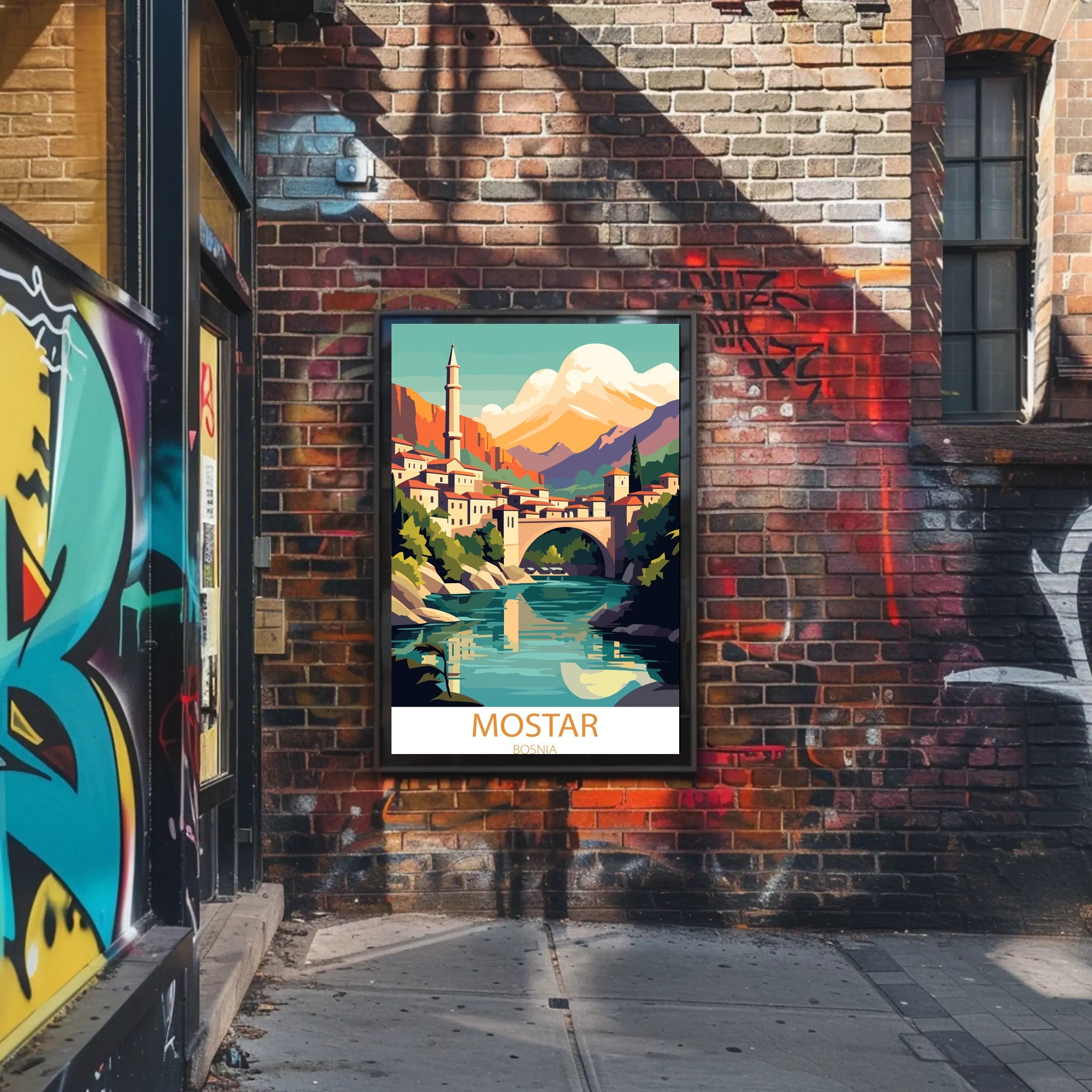 Mostar Vibrant Arched Bridge Travel Poster